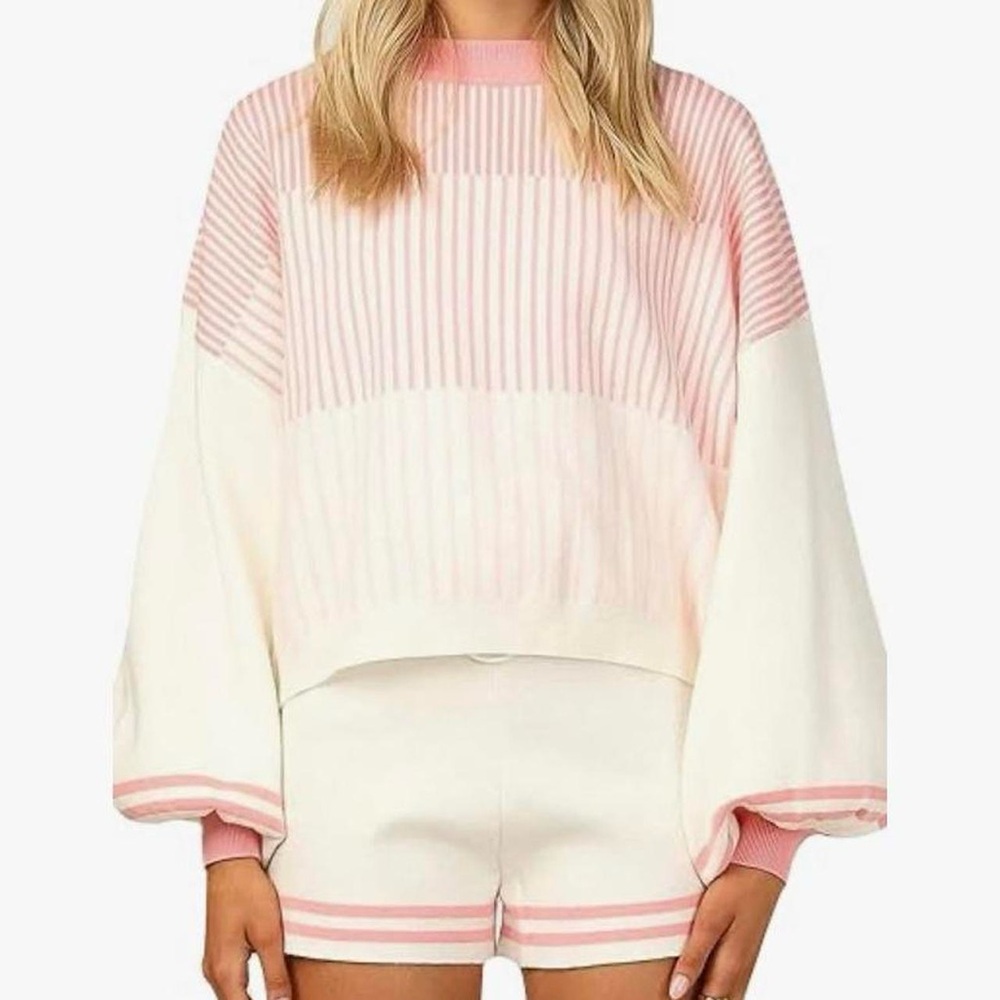 Pink and White Striped Sweater and Shorts Set
